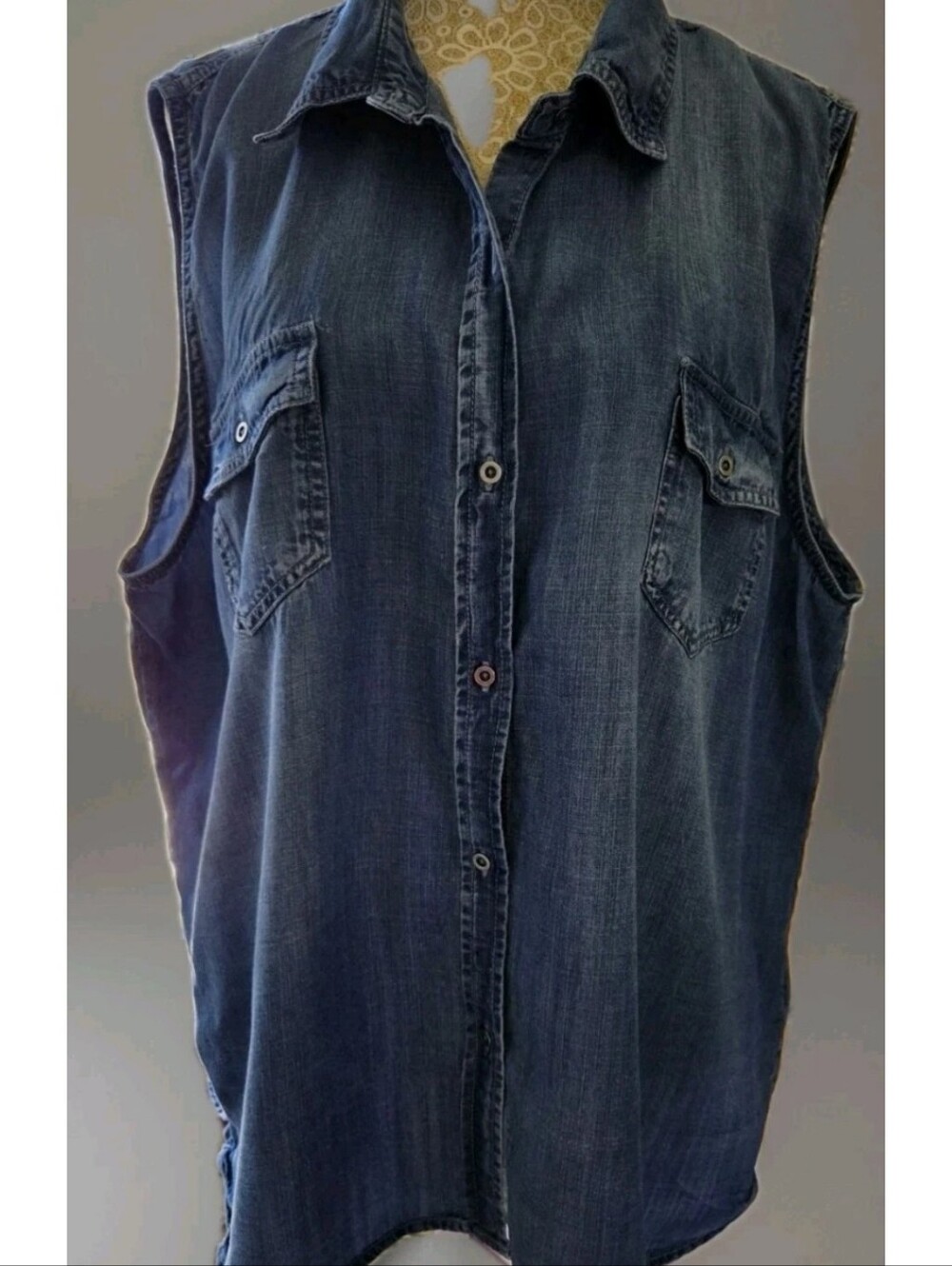 Buffalo by David Bitton Blue Distressed  Sleeveless Collared Plus Blouse  2XL